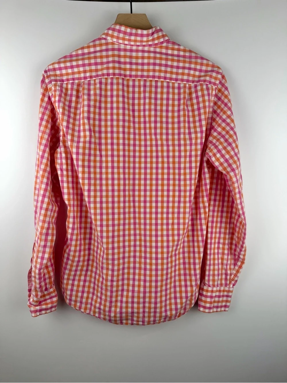 J Crew Gingham Plaid Men Pink Orange Button Up Shirt 100% Cotton Small Preppy